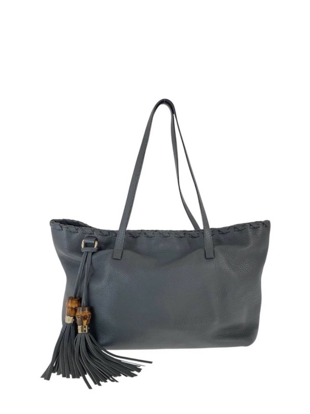 Gucci Dark Gray Pebbled Leather Tote with Tassel and Bamboo Accents